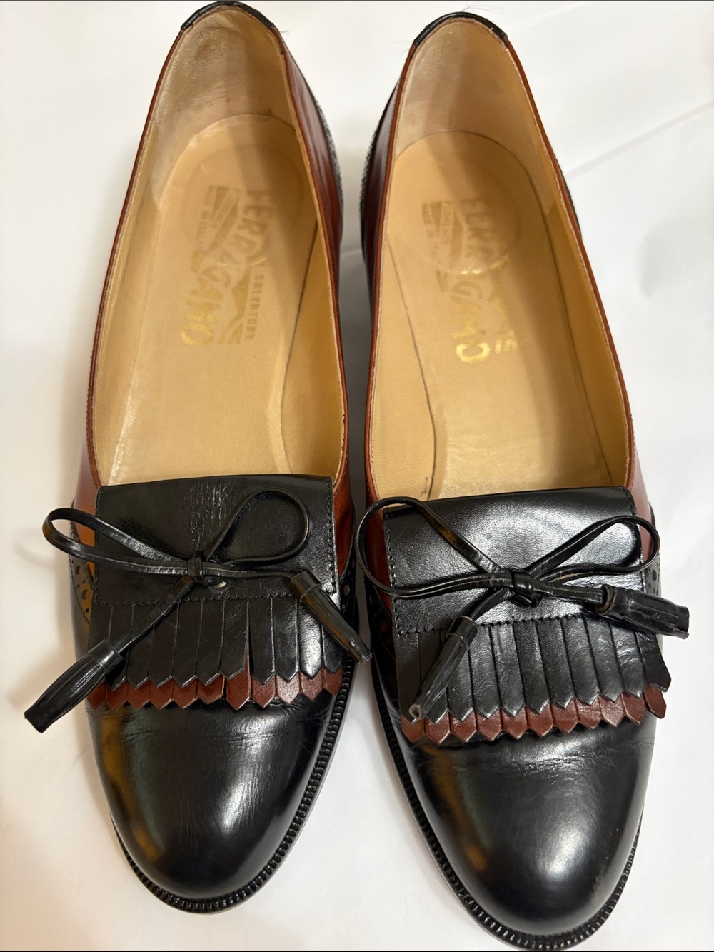 Salvatore Ferragamo Black and Brown Leather Kiltie Loafers Size 6 Made in Italy